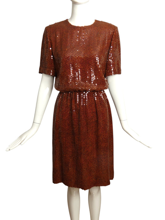 BILL BLASS- 1980s Brown Sequin Dress, Size 10