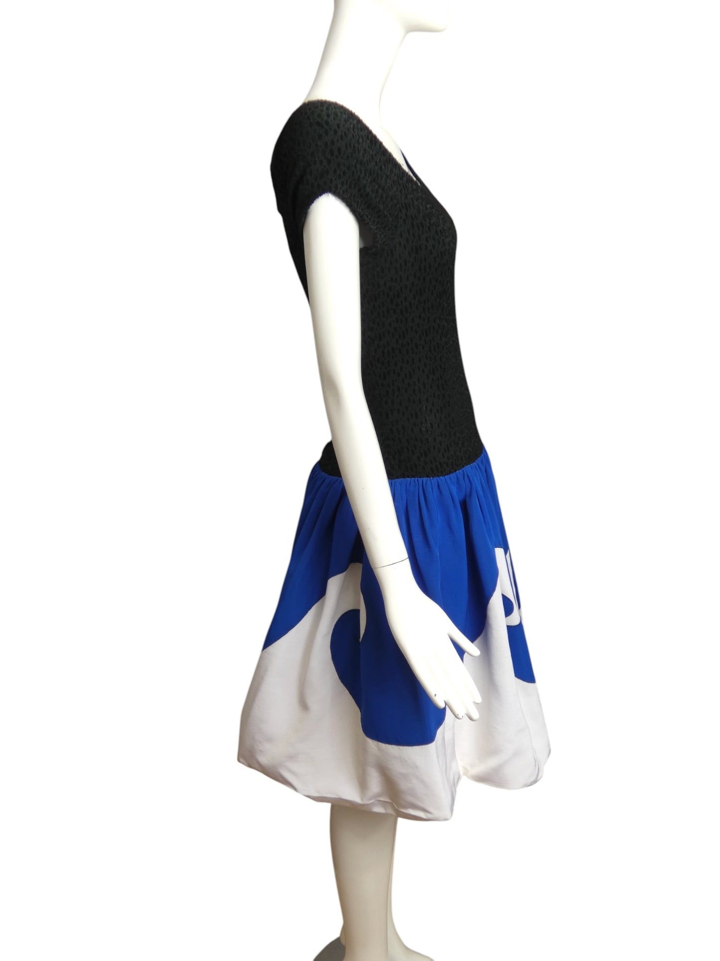 LANVIN- 1988 Black Knit & Blue Faille Dress, Size 8