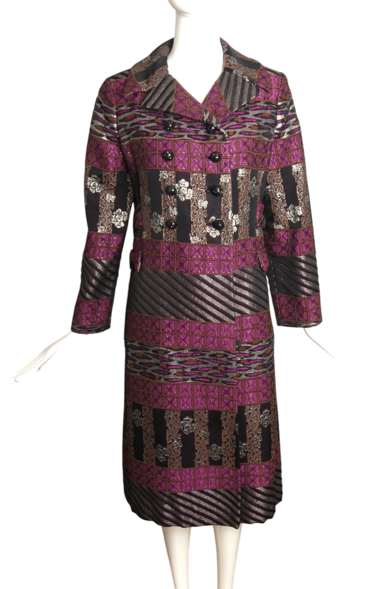 1960s Multi Color Double Breast Silk Brocade Coat, Size 8