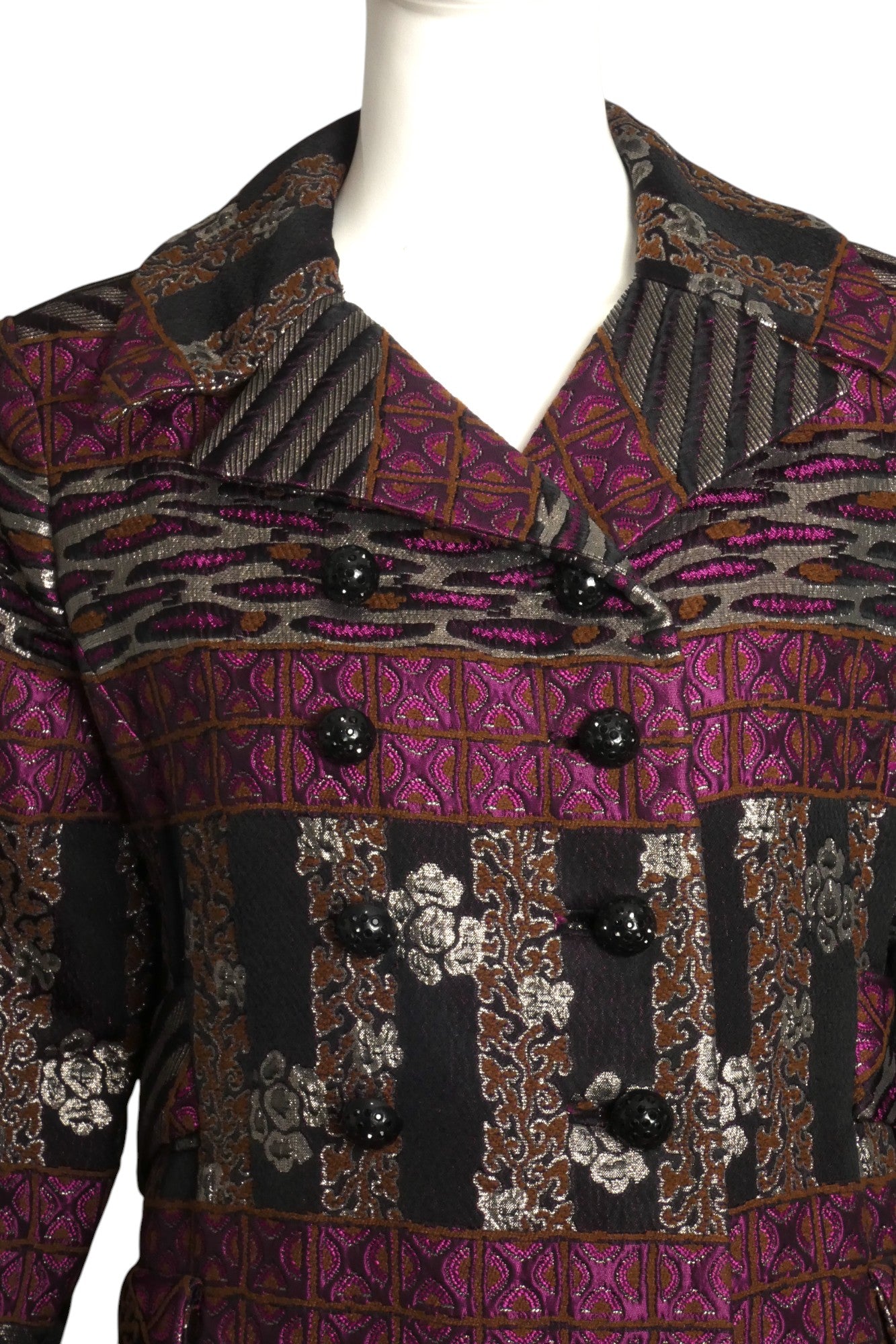 1960s Multi Color Double Breast Silk Brocade Coat, Size 8