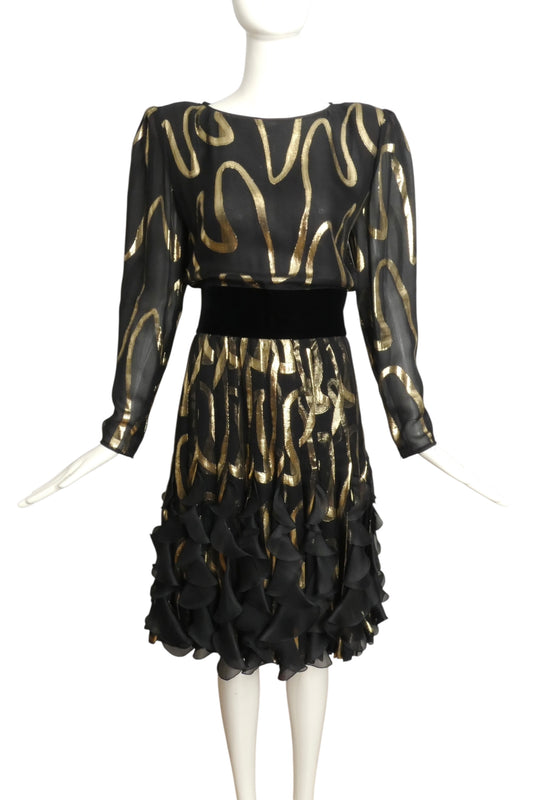 VALENTINO- 1980s Metallic Chiffon Dress, Size 10