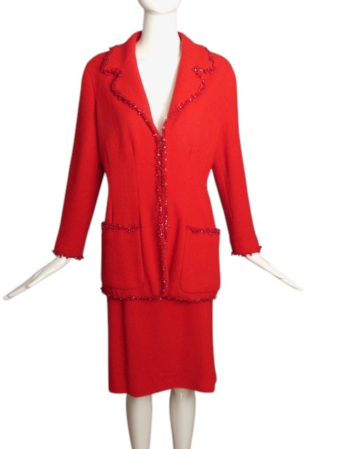 CHANEL BOUTIQUE- 2003 Red Beaded Cocktail Skirt Suit, Size 10