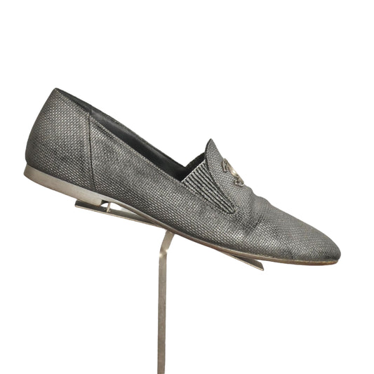 CHANEL- Silver Metallic "CC" Loafers, Size 39
