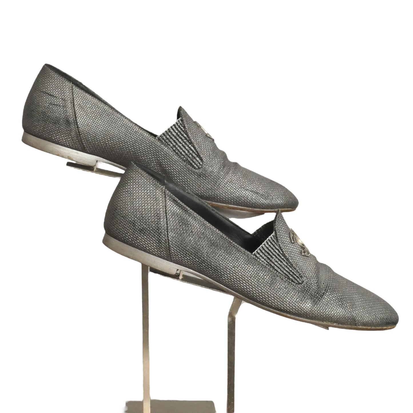 CHANEL- Silver Metallic "CC" Loafers, Size 39