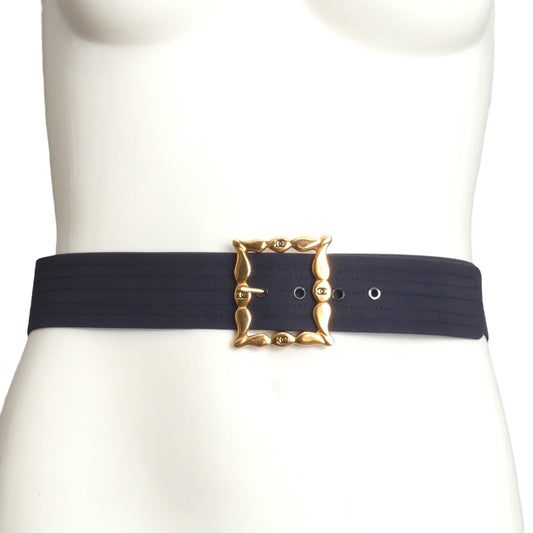 CHANEL- 1980s Navy & Gold Monogram Buckle Belt, Waist 29"