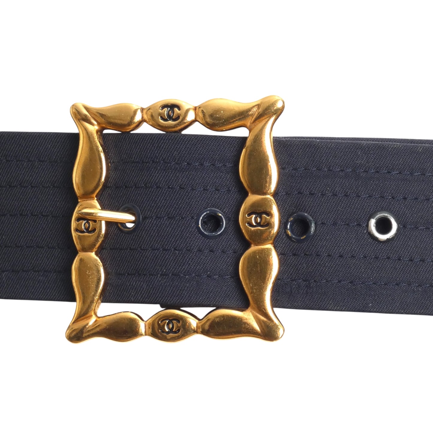 CHANEL- 1980s Navy & Gold Monogram Buckle Belt, Waist 29"