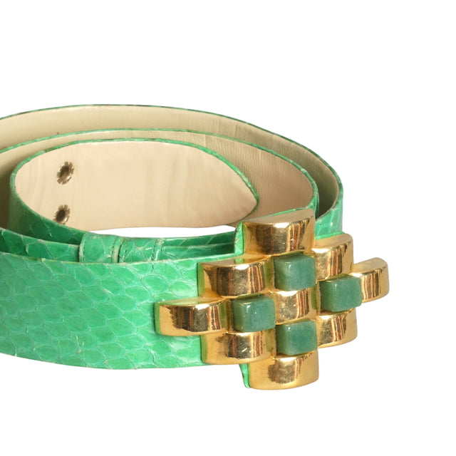 JUDITH LEIBER- 1980s Green Snakeskin Adjustable Belt