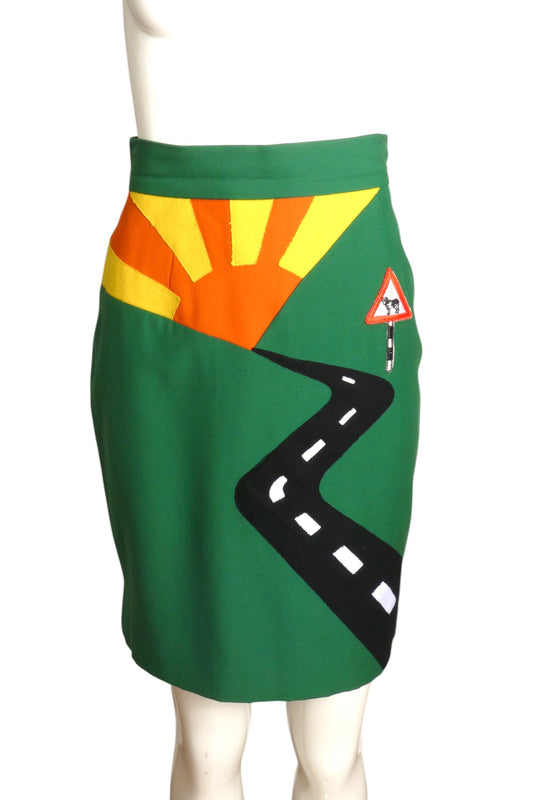 CHEAP & CHIC MOSCHINO- 1990s Green Wool Applique Skirt, Size 6