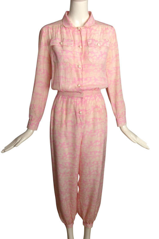 COURREGES- 1990s Pink & White Silk Jumpsuit, Size 6