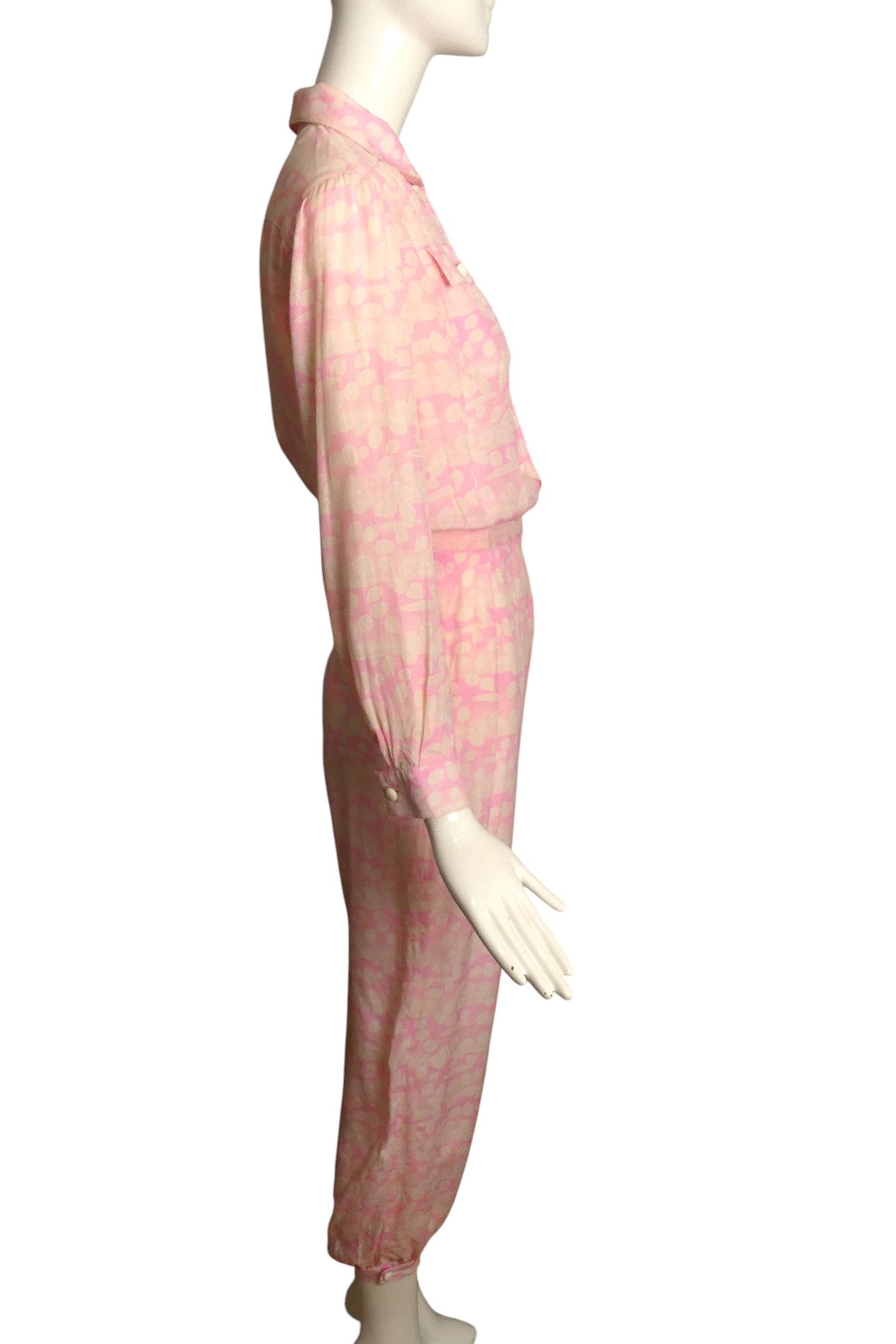 COURREGES- 1990s Pink & White Silk Jumpsuit, Size 6