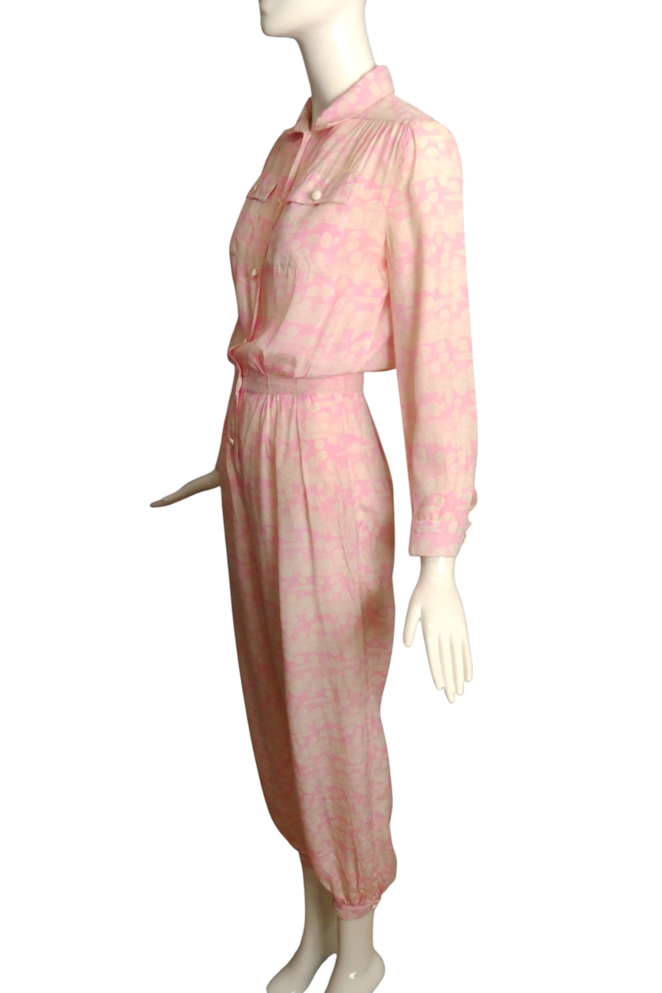 COURREGES- 1990s Pink & White Silk Jumpsuit, Size 6