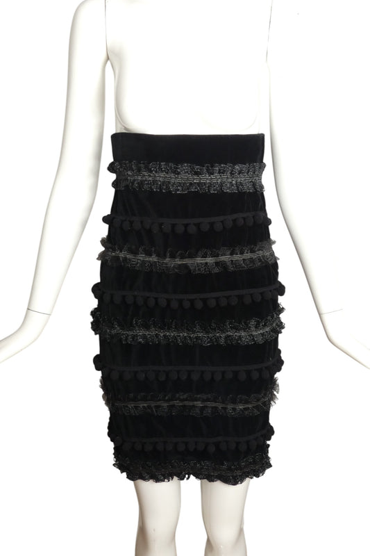 CHRISTIAN LACROIX- 1980s Black Velvet Pom Pom Skirt, Size 2