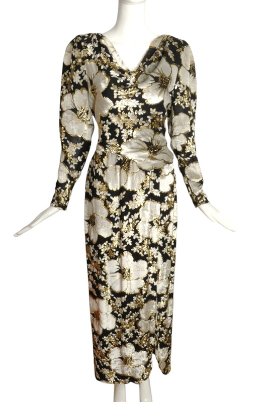 PAULINE TRIGERE- c.1980 Metallic Voided Velvet Gown, Size 6