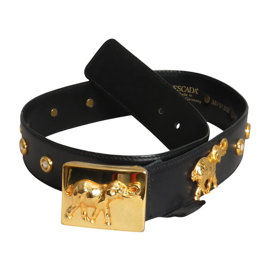 ESCADA- 1980s Black Leather Embellished Belt, Waist 30