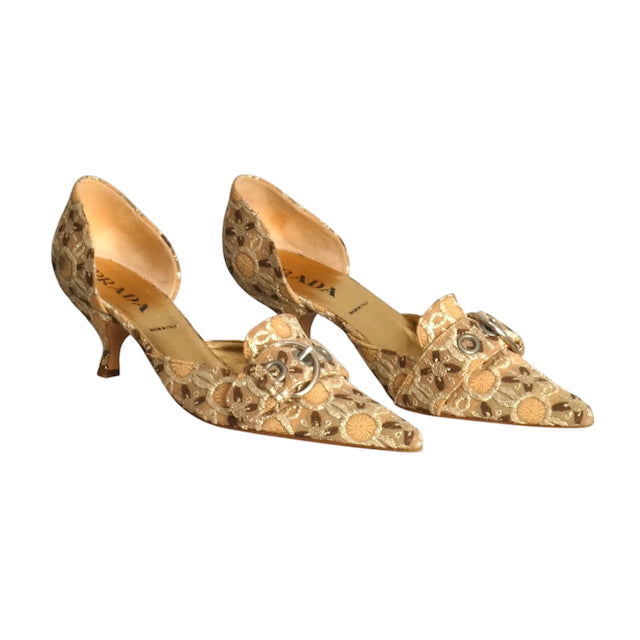 PRADA- Brocade Buckle Kitten Heel Pumps, Size 40