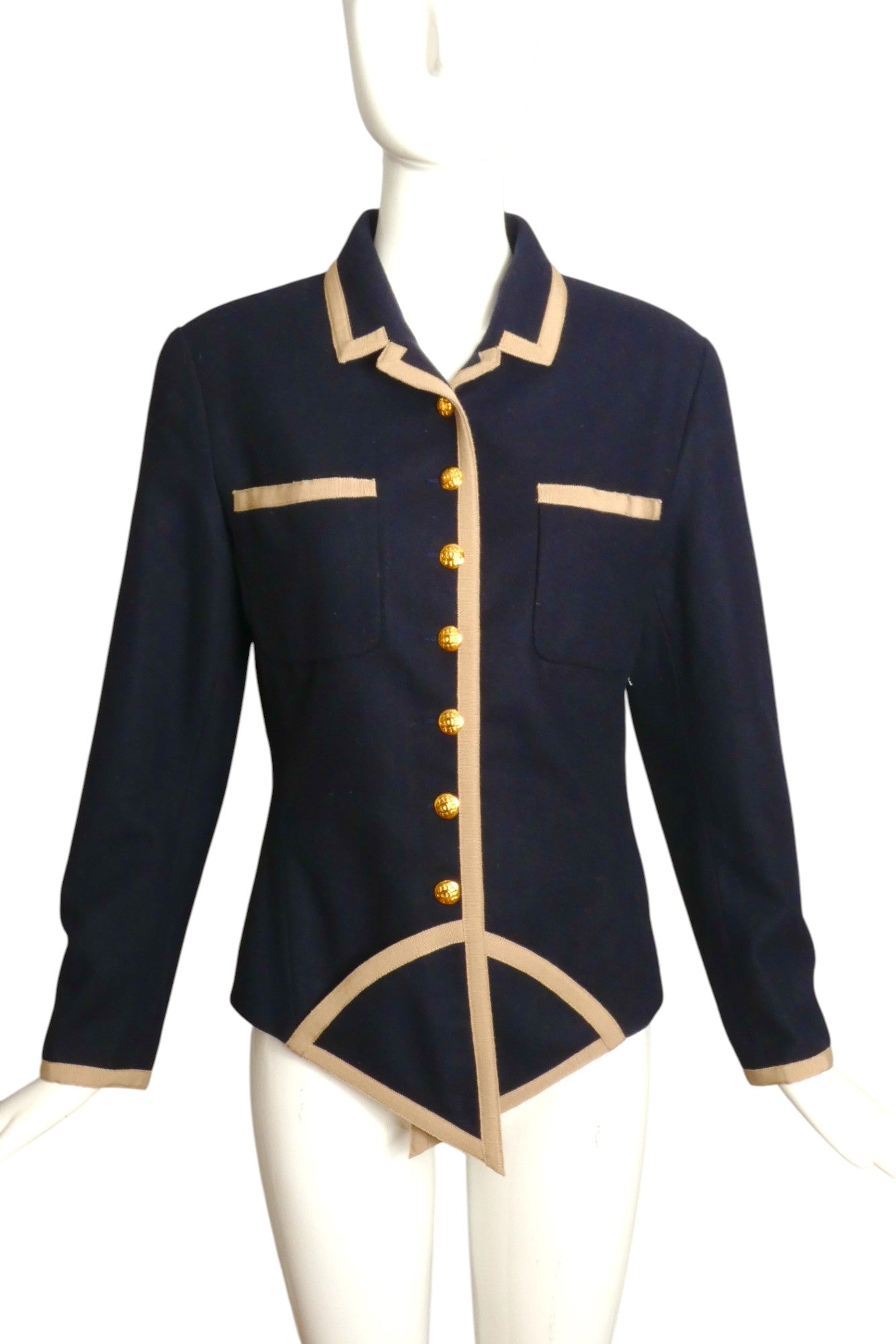 CHANEL BOUTIQUE- 1989 Navy Wool Basque Jacket, Size 4