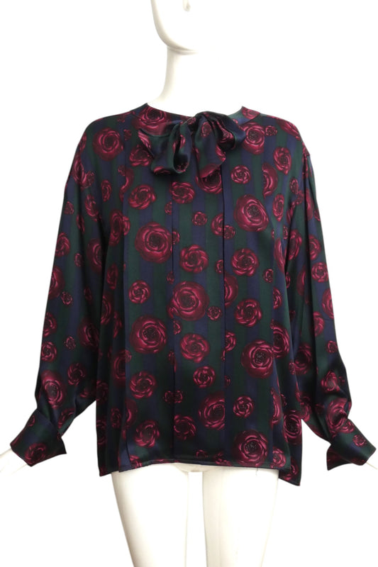 CHANEL- 1980s Floral Print Silk Blouse w/Bow, Size 12