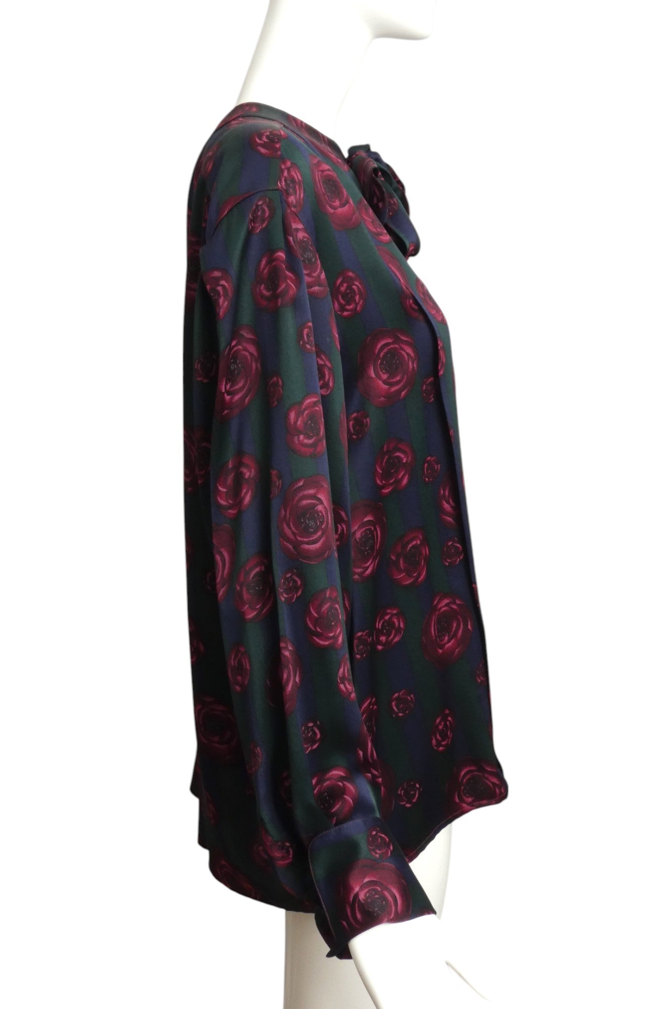 CHANEL- 1980s Floral Print Silk Blouse w/Bow, Size 12