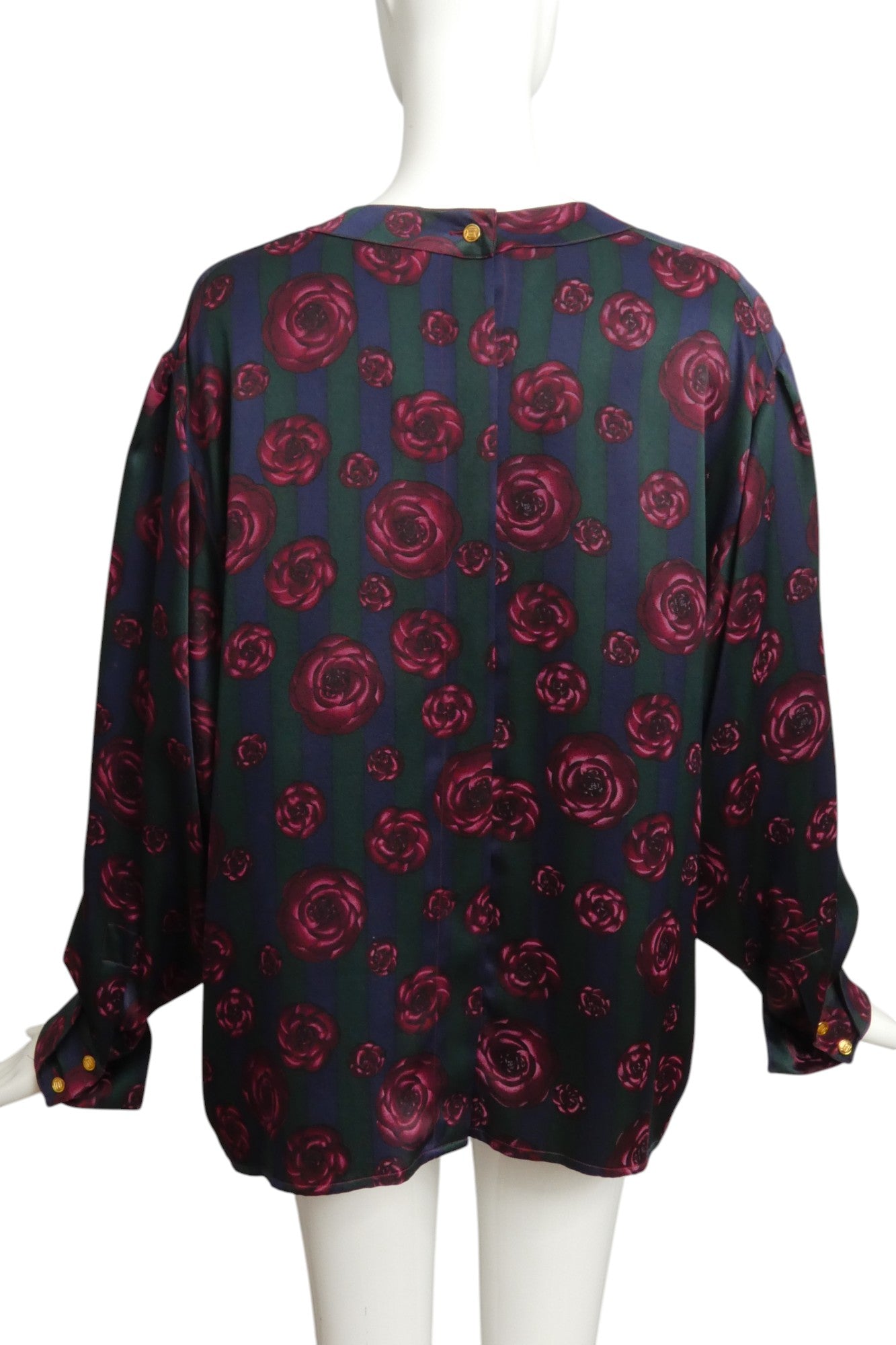 CHANEL- 1980s Floral Print Silk Blouse w/Bow, Size 12