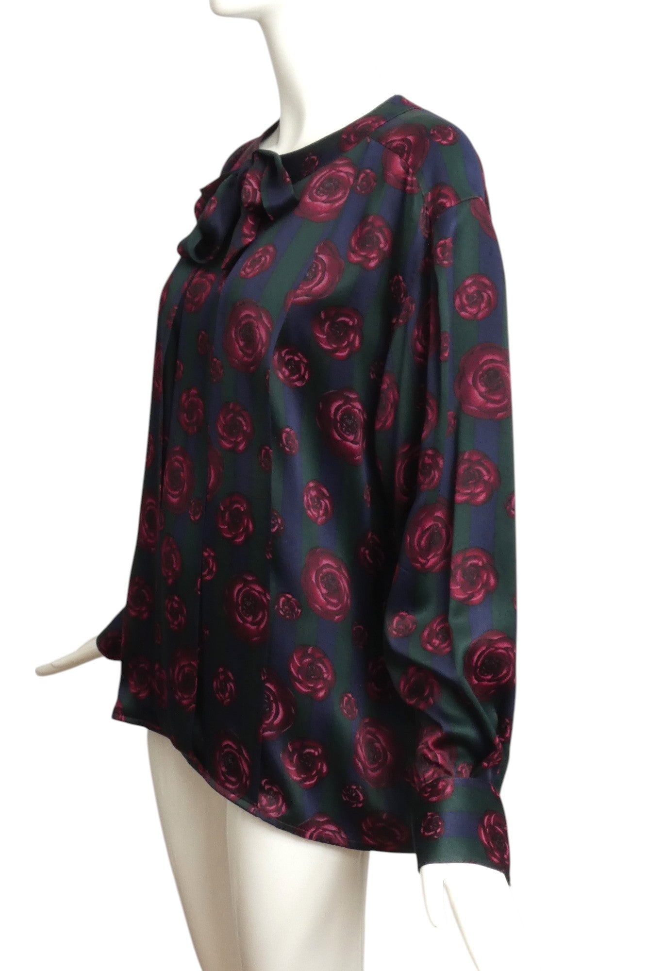 CHANEL- 1980s Floral Print Silk Blouse w/Bow, Size 12