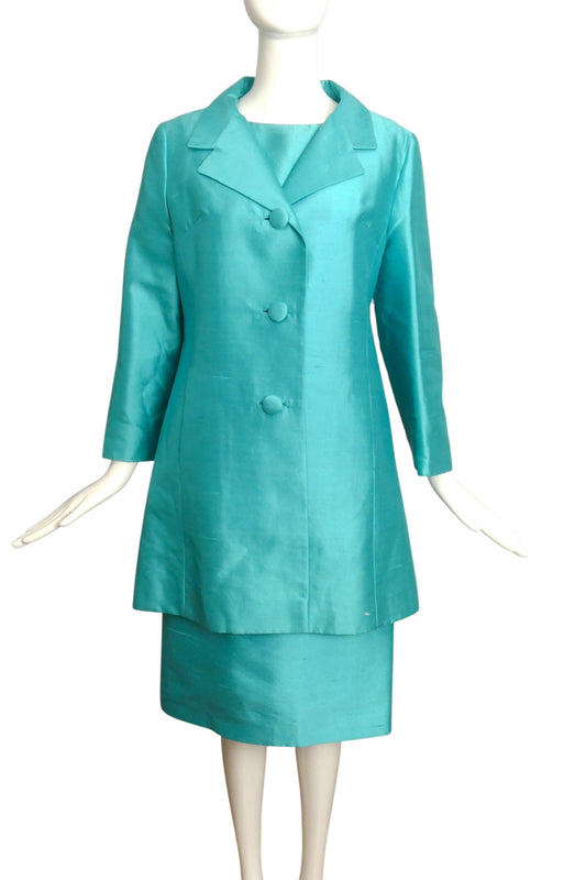 LILLI ANN- AS IS 1960s 3pc Blue Shantung Ensemble, Size 6
