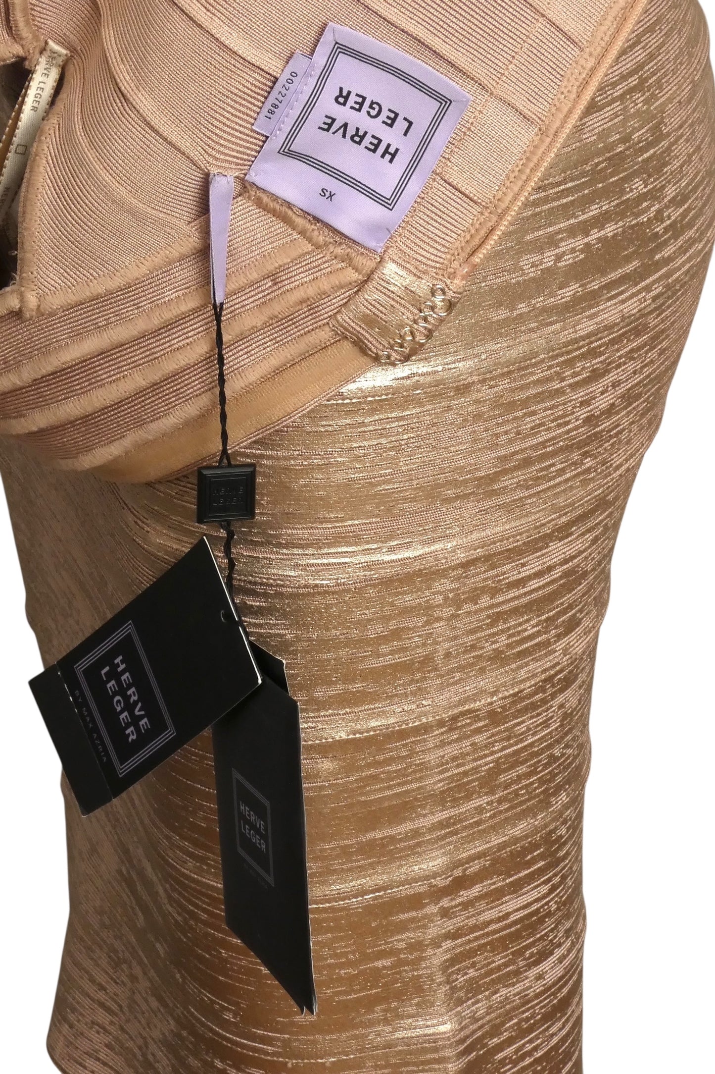HERVE LEGER- NWT Metallic Gold Bandage Knit Mini Dress, Size XS