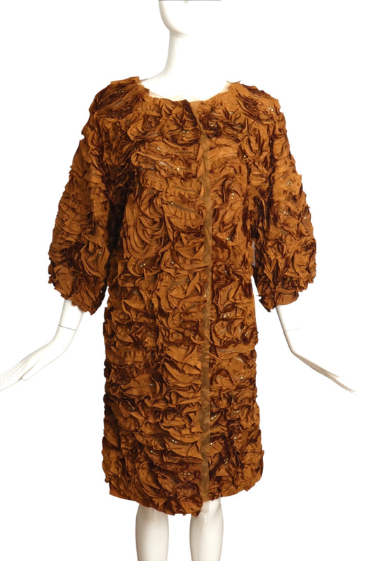 CAROLINA HERRERA- 2000s  Brown Silk Rosette Coat, Size 4