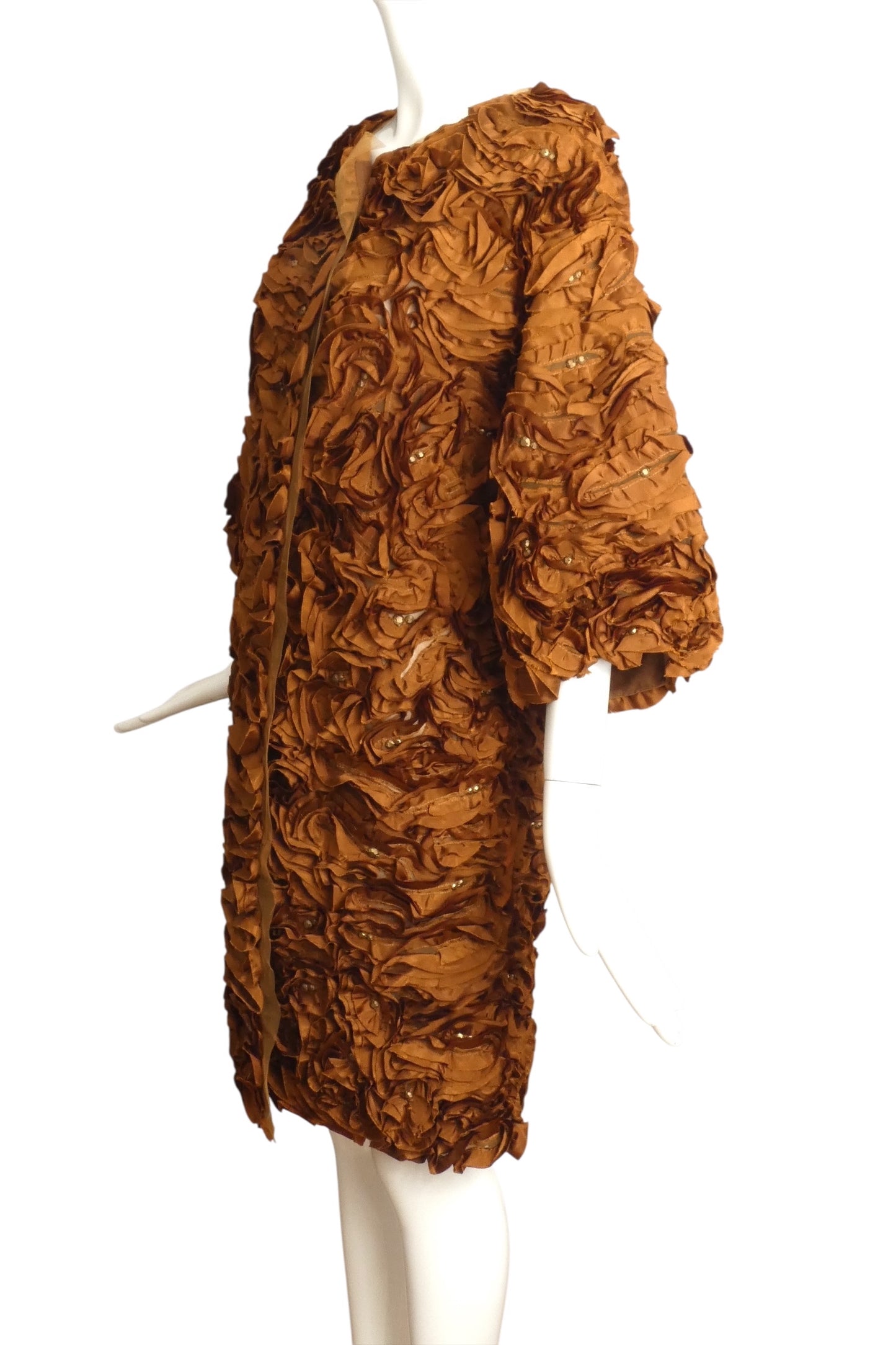 CAROLINA HERRERA- 2000s Brown Silk Rosette Coat, Size 4