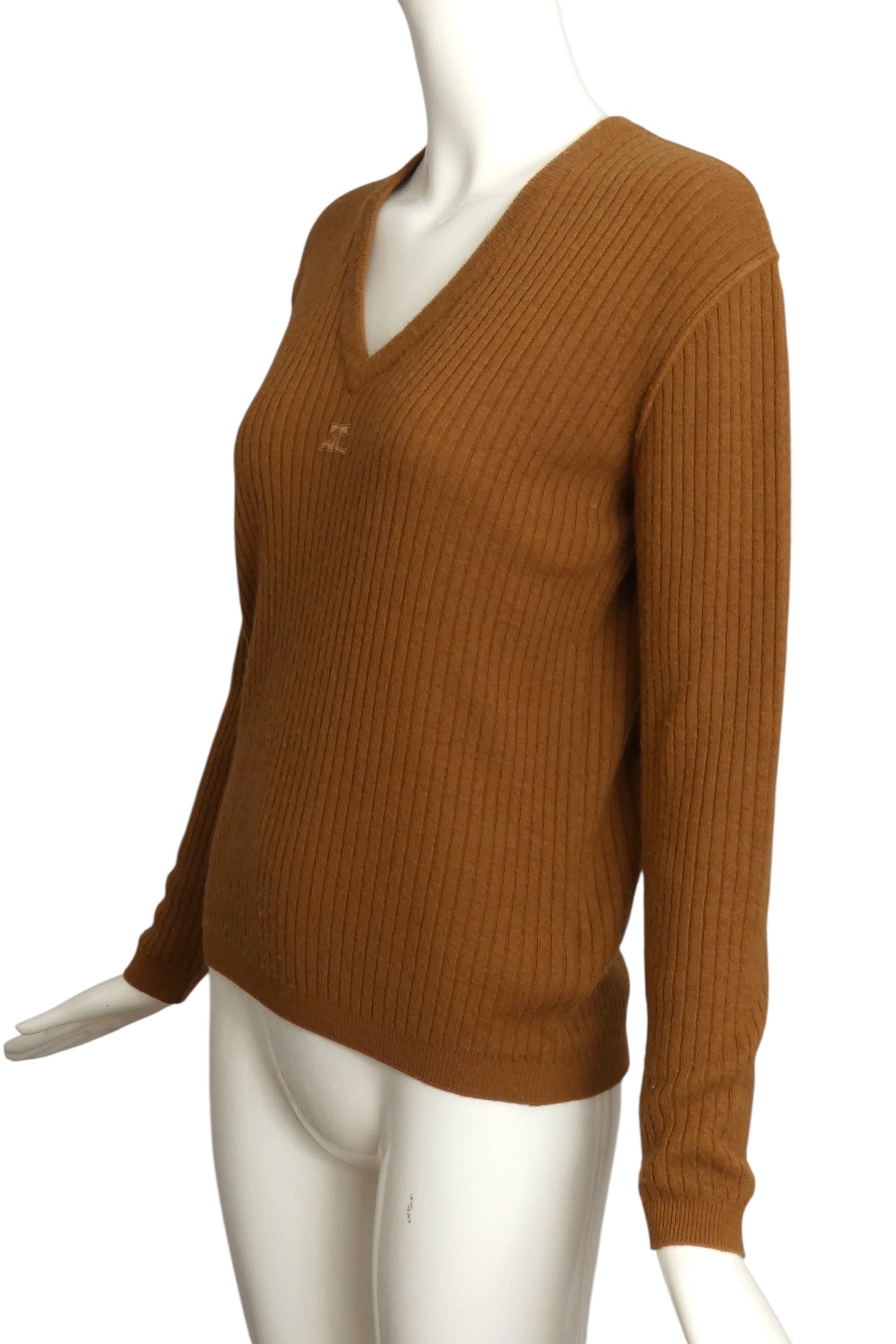 COURREGES- 1970s Brown Ribbed Knit Sweater, Size 6