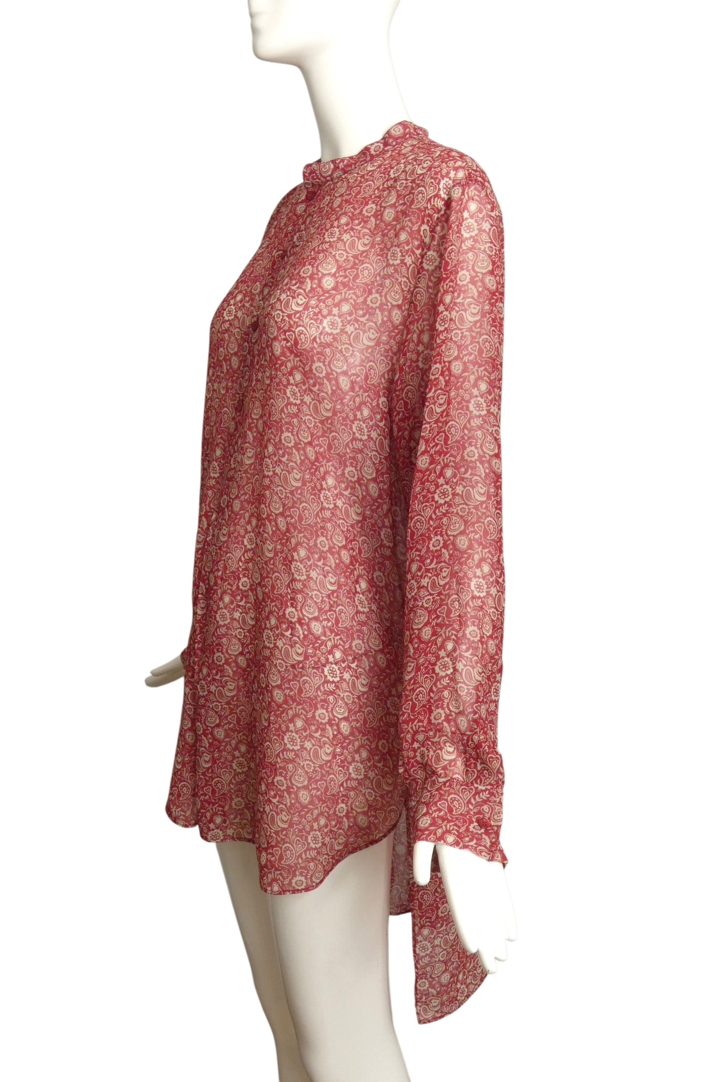 CHRISTIAN DIOR- Red Printed Silk Blouse, Size 8