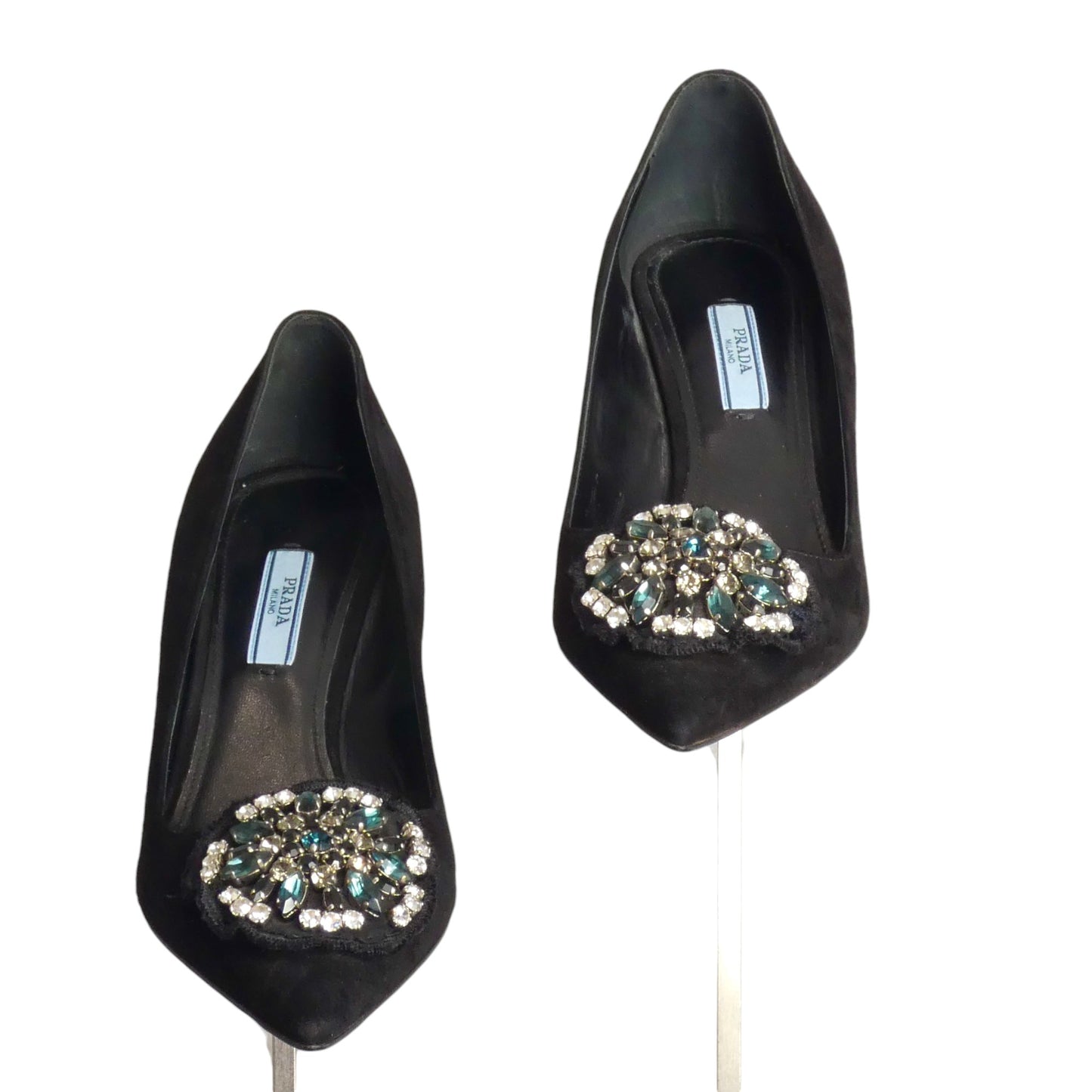 PRADA- Black Rhinestone Suede Pumps, Size 39