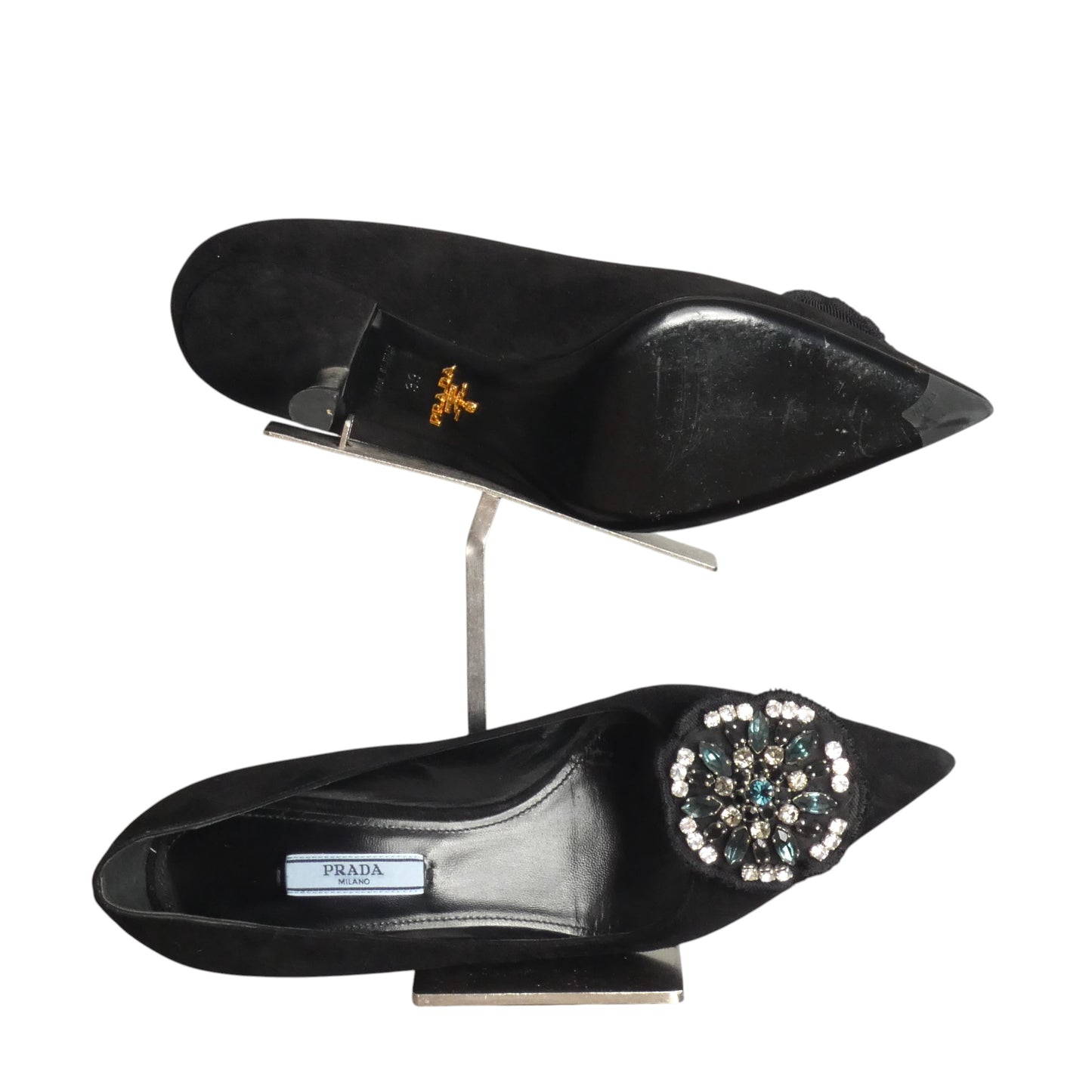 PRADA- Black Rhinestone Suede Pumps, Size 39
