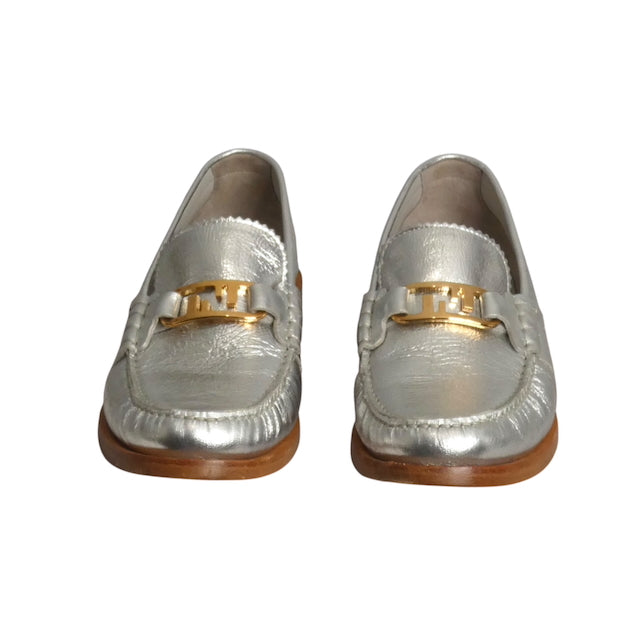 FENDI- 2022 O'Lock Metallic Silver Loafers, Size 39
