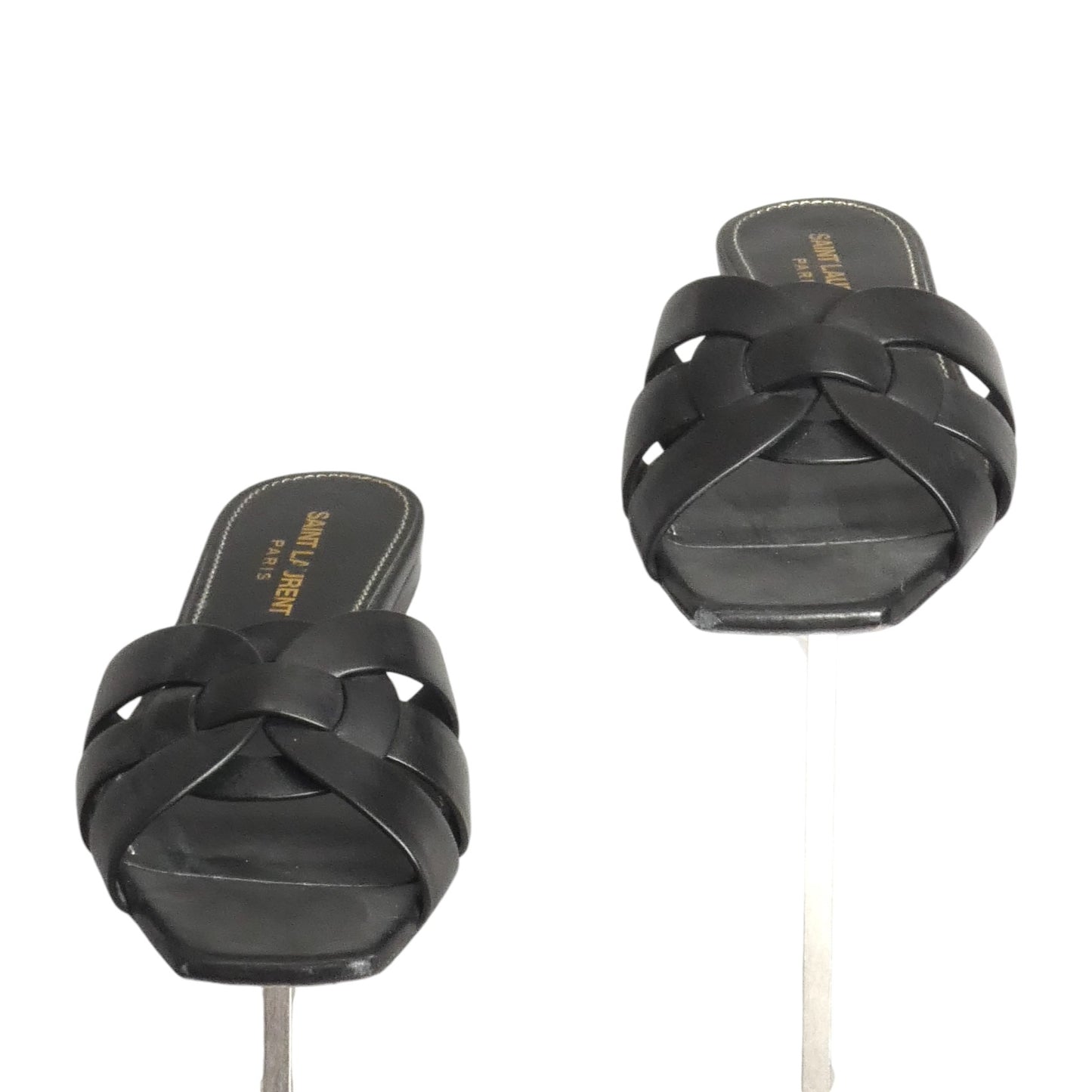 SAINT LAURENT- Black Leather Tribute Sandals, Size 37