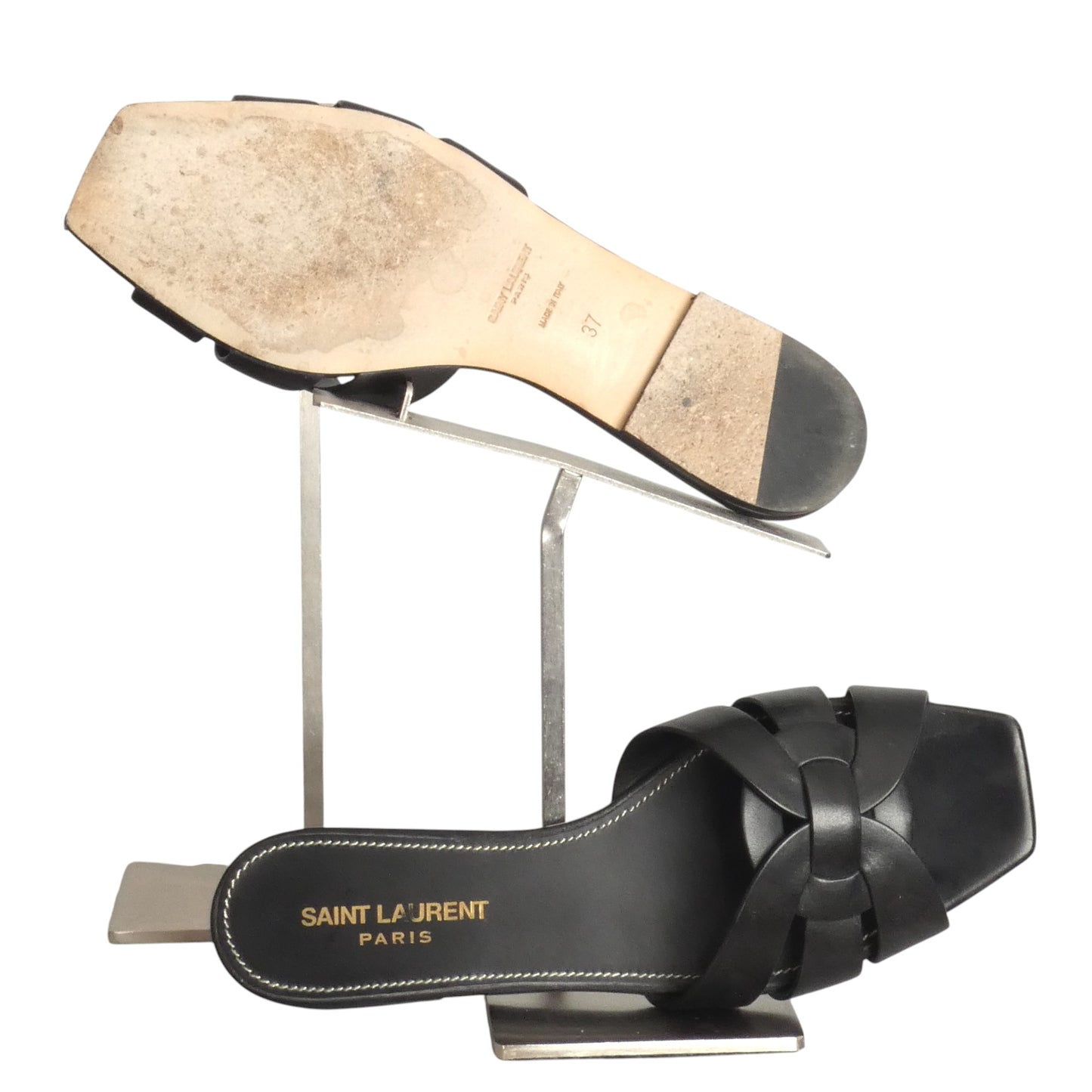 SAINT LAURENT- Black Leather Tribute Sandals, Size 37