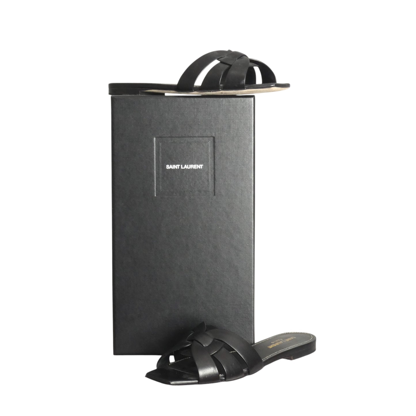 SAINT LAURENT- Black Leather Tribute Sandals, Size 37