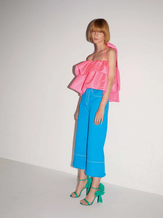MSGM- 2018 Pink Taffeta Ruffle Top, Size 4