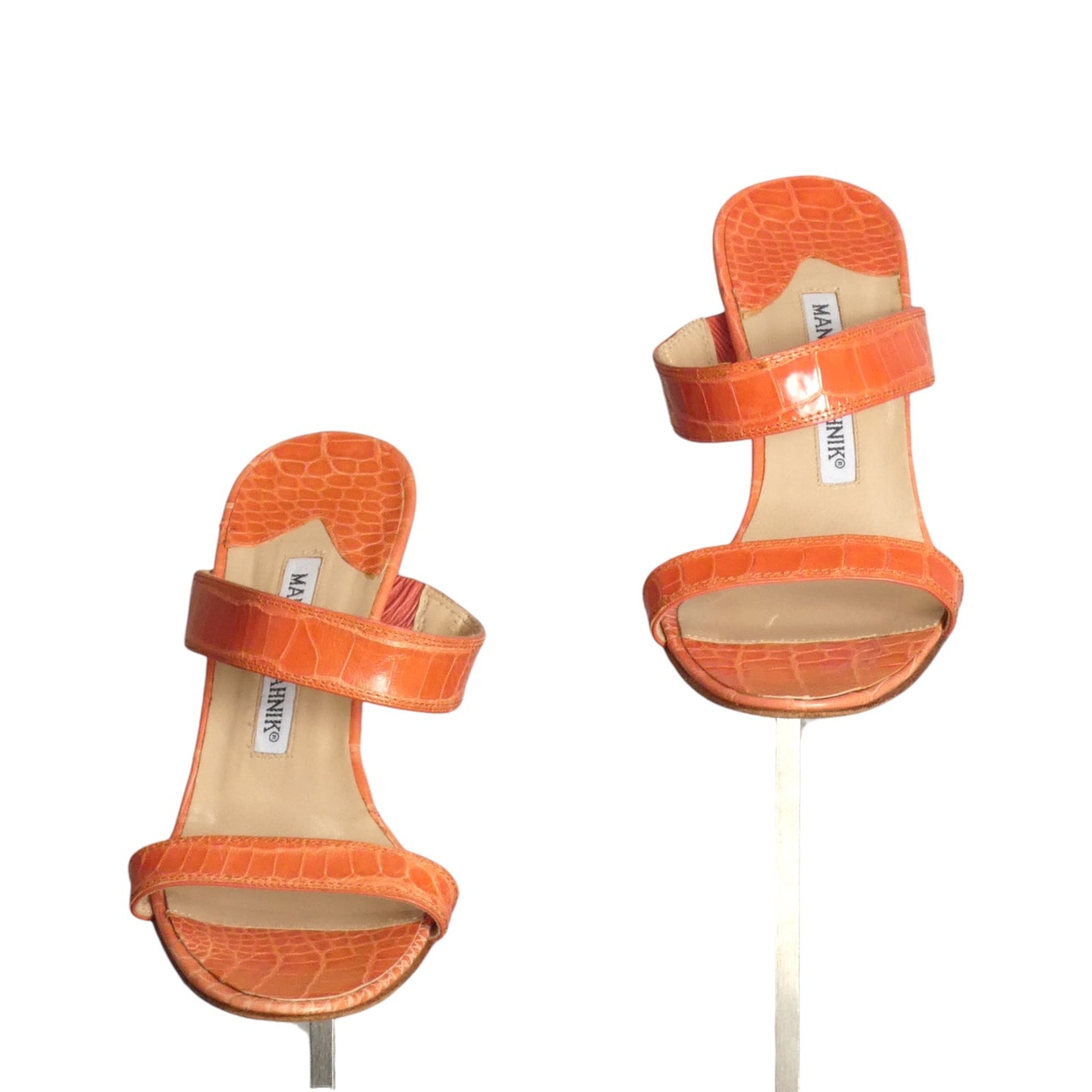 MANOLO BLAHNIK- Coral Alligator Sandals, Size 36