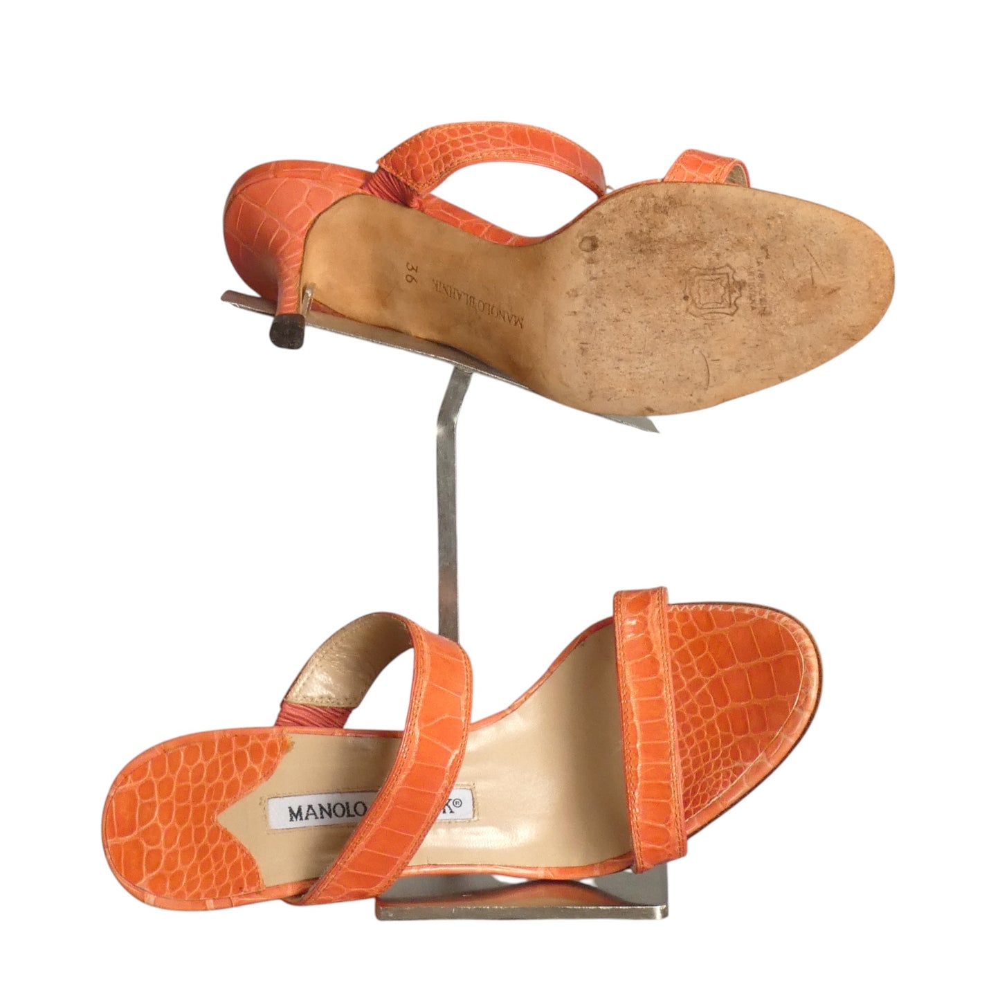 MANOLO BLAHNIK- Coral Alligator Sandals, Size 36