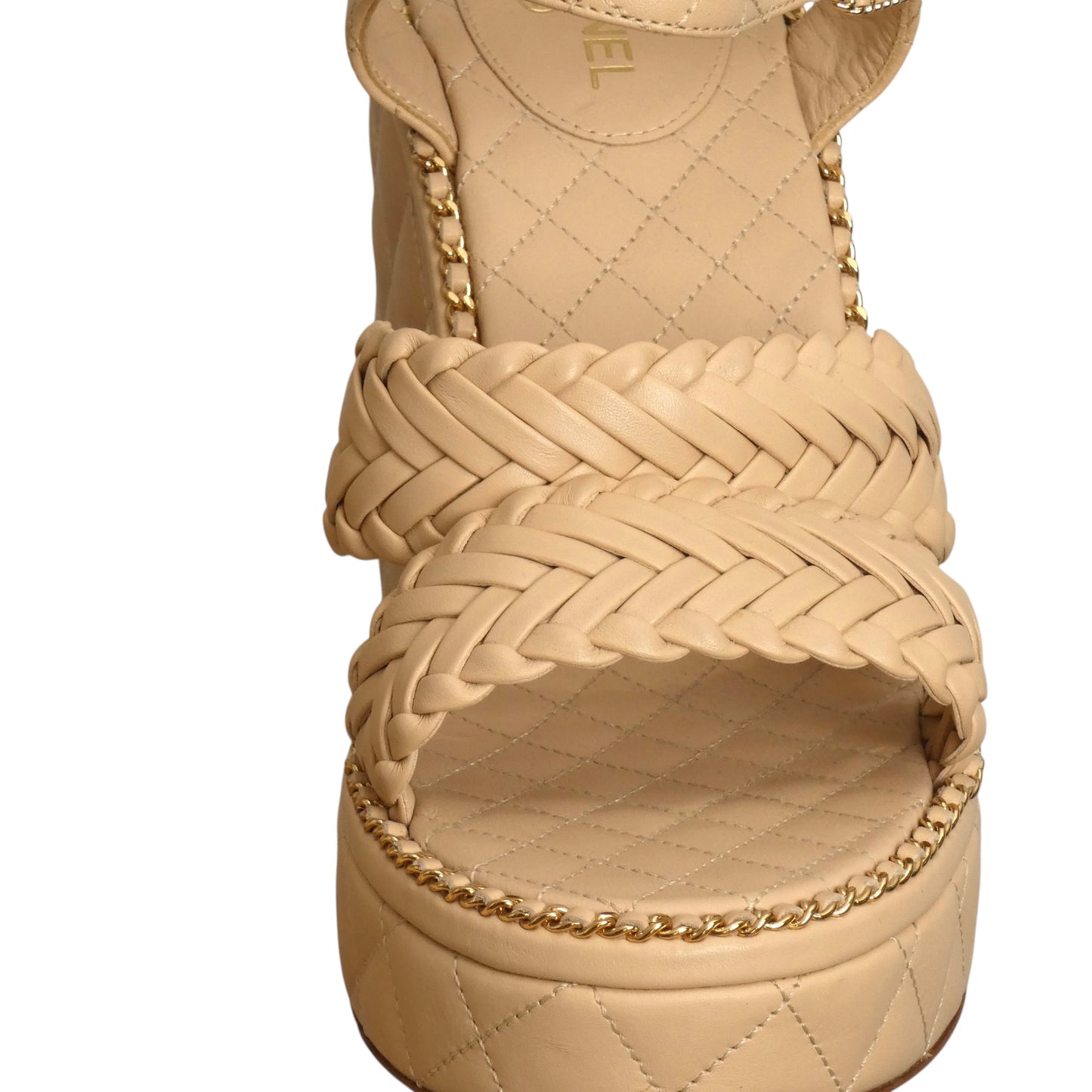 CHANEL- Tan Woven Leather Platform Heels, Size 39.5