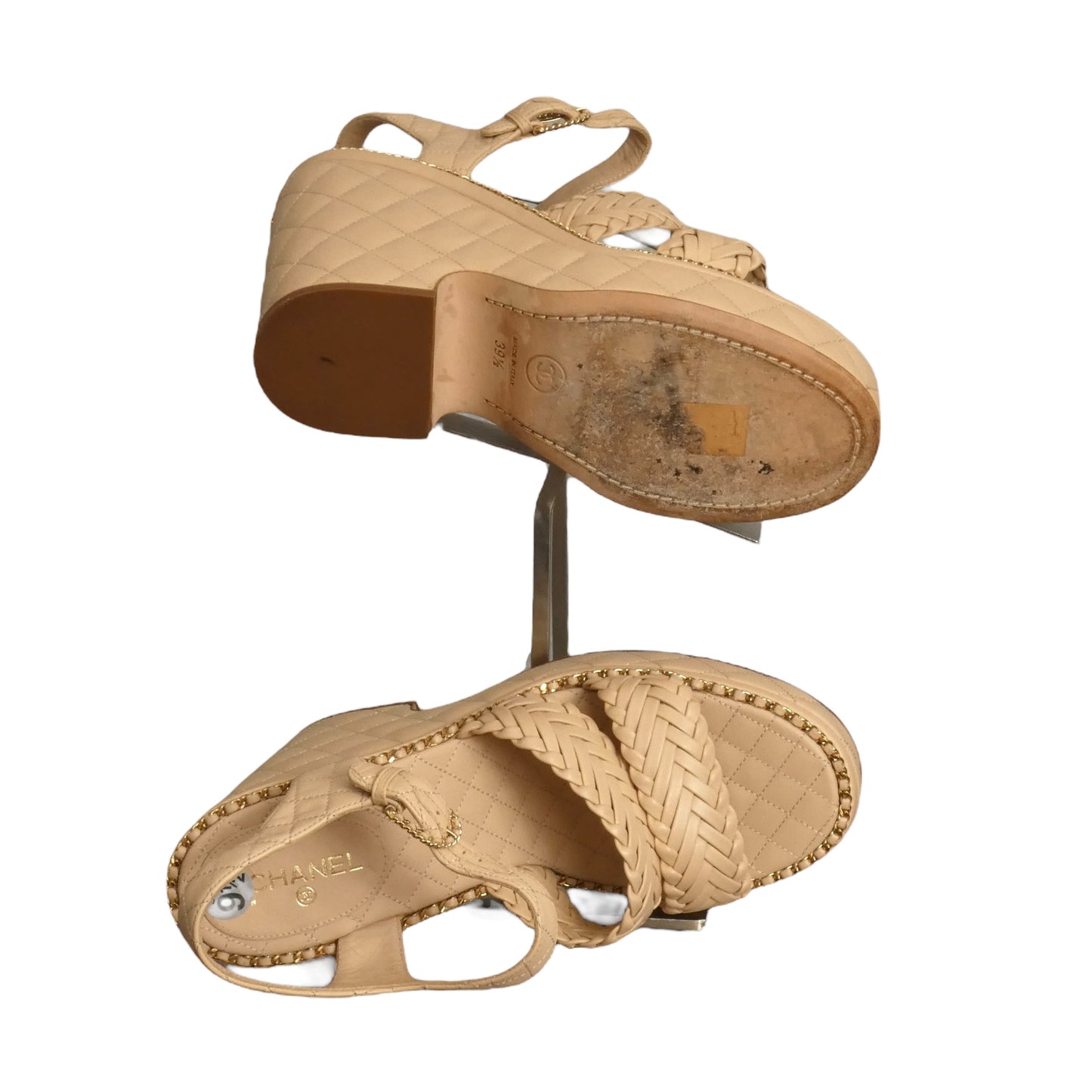 CHANEL- Tan Woven Leather Platform Heels, Size 39.5