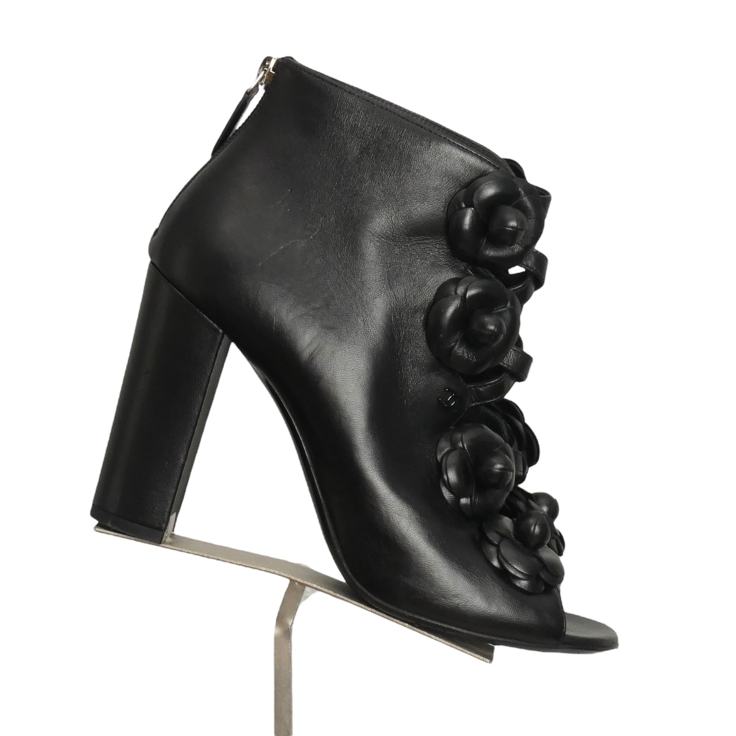 CHANEL- Black Leather Camelia Peep Toe Booties, Size 37