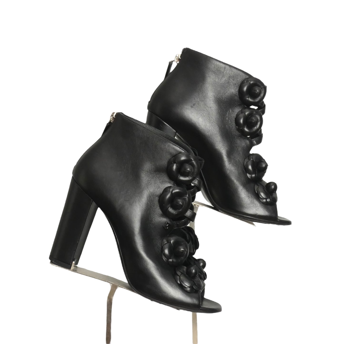 CHANEL- Black Leather Camelia Peep Toe Booties, Size 37