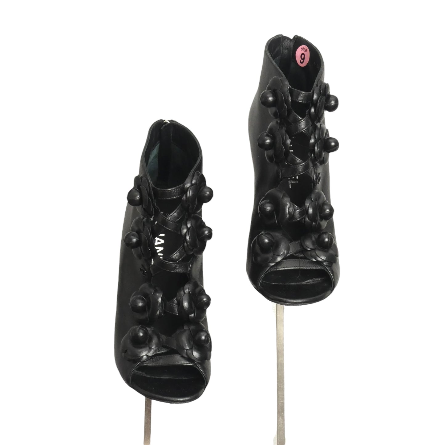 CHANEL- Black Leather Camelia Peep Toe Booties, Size 37