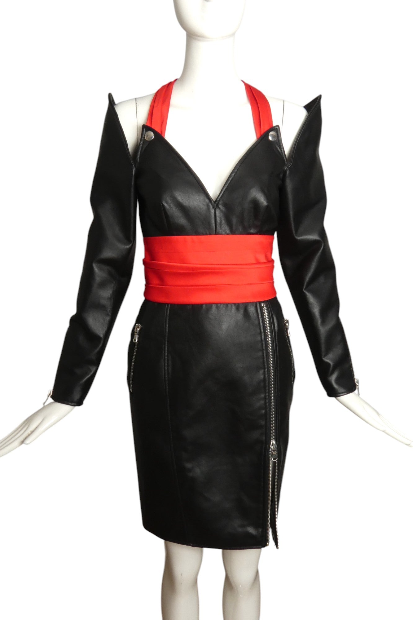 MOSCHINO COUTURE- 2021 Black Leather Moto Dress, Size 6