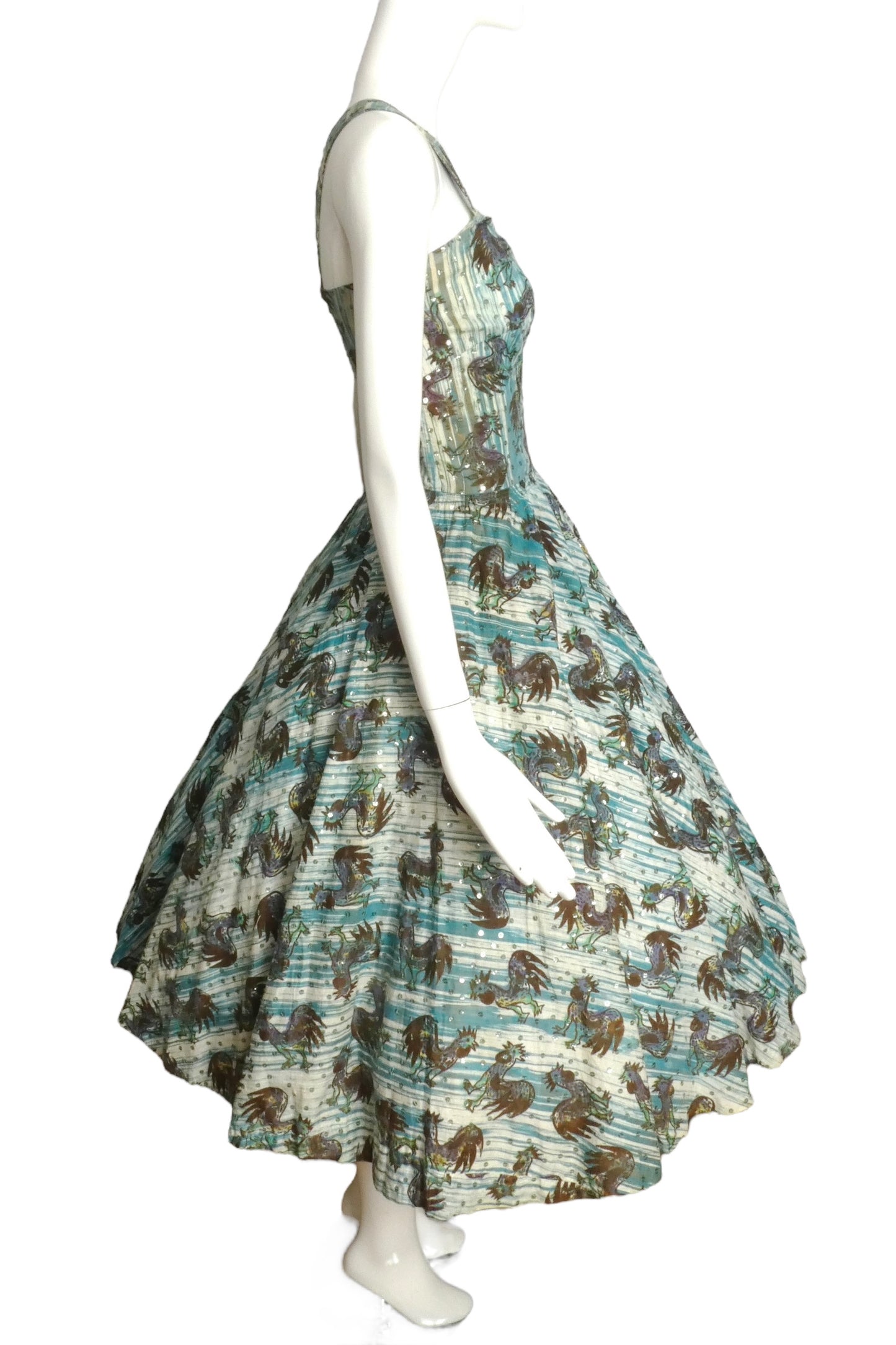 1950s Rooster Print Cotton Dress, Size 4