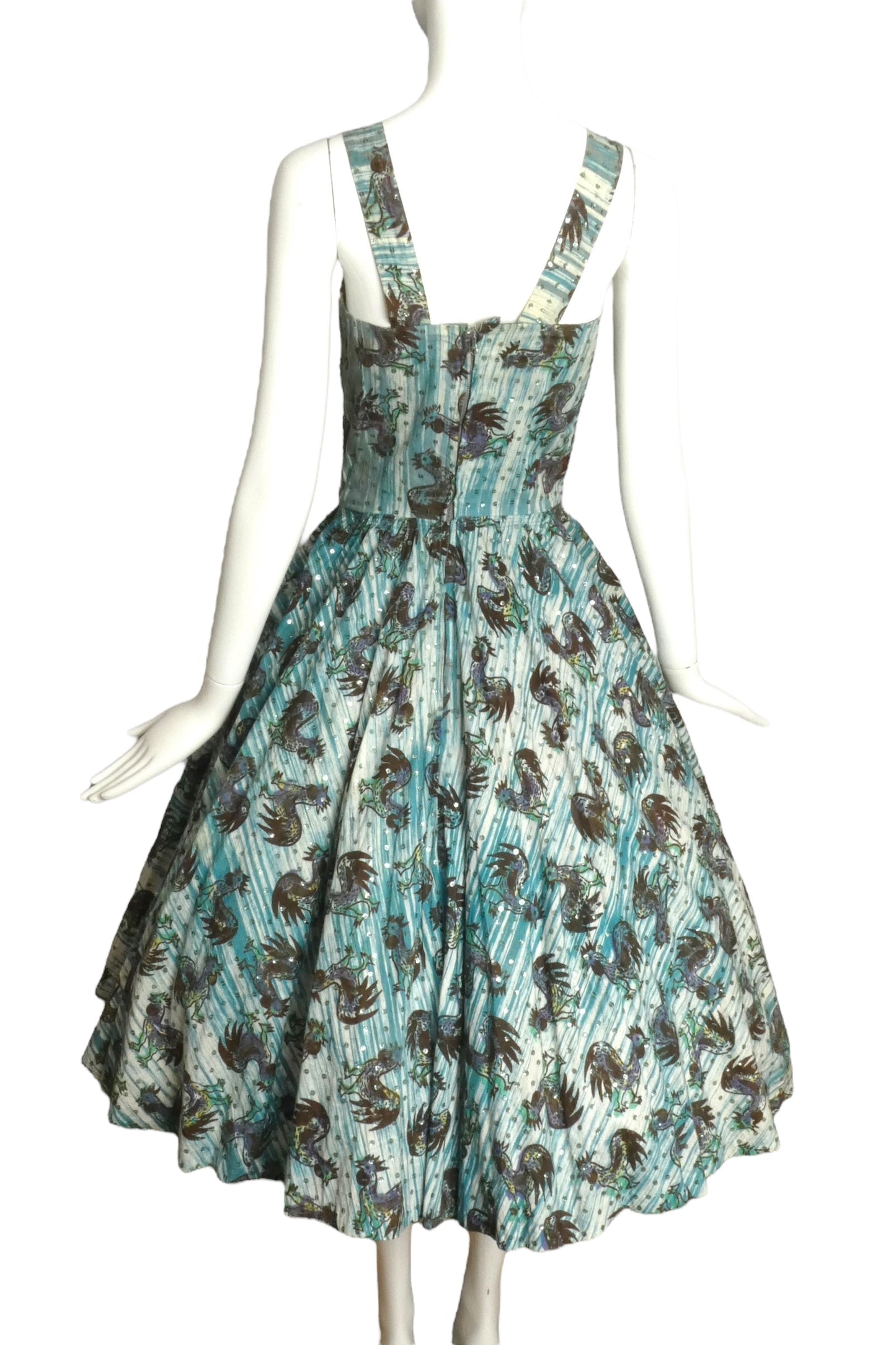 1950s Rooster Print Cotton Dress, Size 4