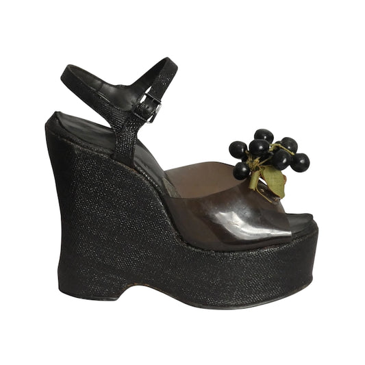 1970s AS IS Black Wedge Platforms, Size 6 1/2