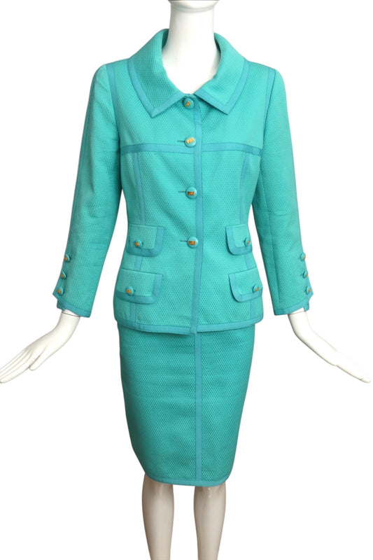CHANEL BOUTIQUE- 1990s Turquoise Cotton Ribbon Skirt Suit, Size 6