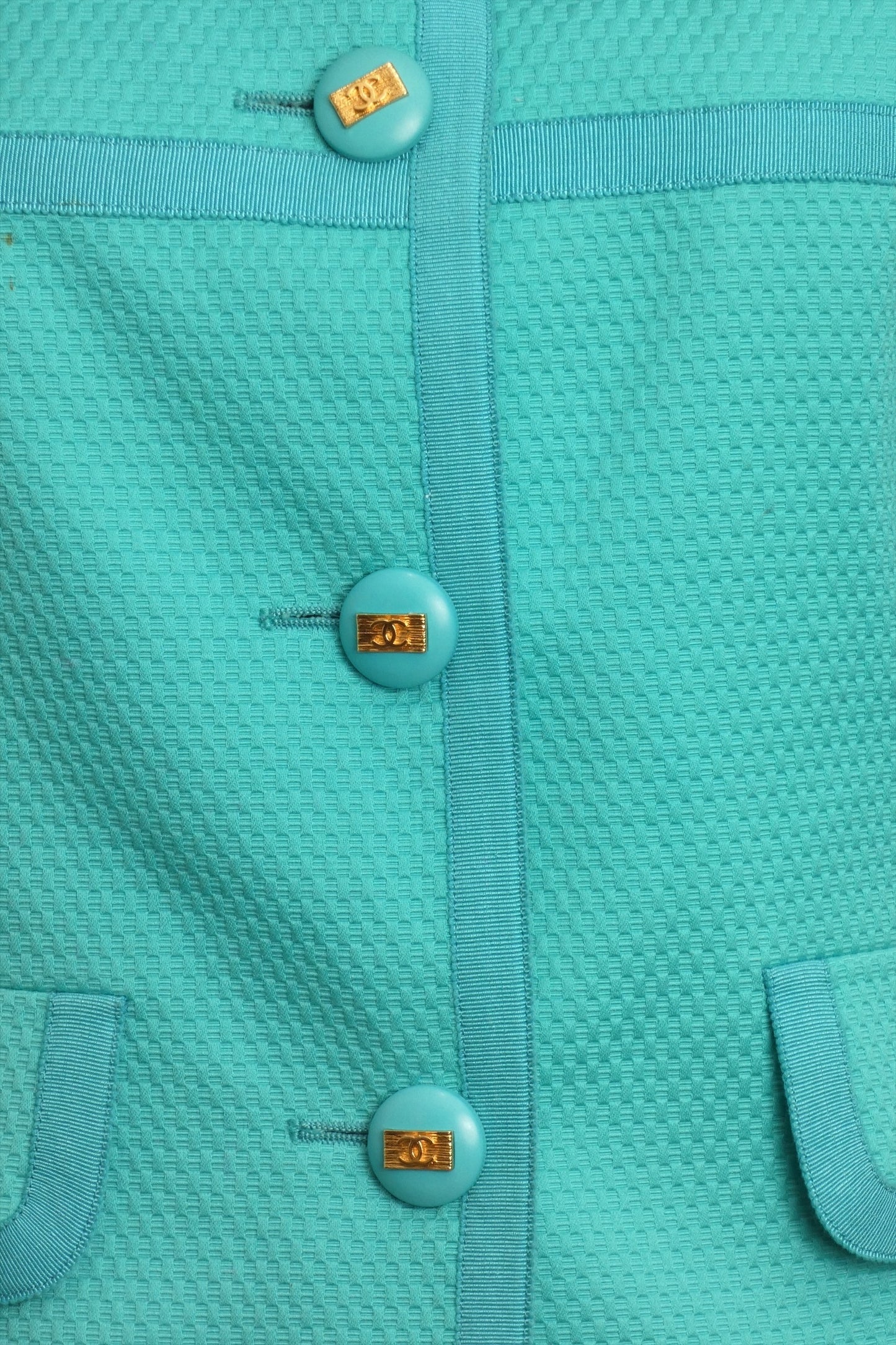 CHANEL BOUTIQUE- 1990s Turquoise Cotton Ribbon Skirt Suit, Size 6